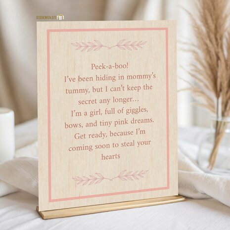 Peek-a-boo! &ndash; Houten Kaart A5 | Baby Girl Announcement