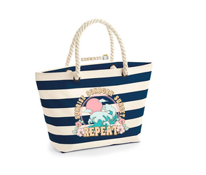Beach bag Neutral/Navy ‘Sunrise, Sunburn, Sunset, Repeat’