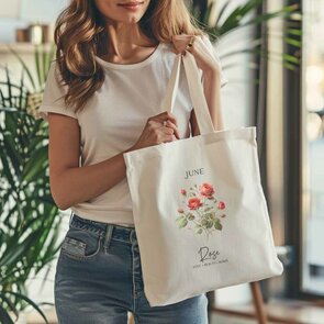 Recycled Cotton Tote met Geboortebloem Opdruk} Recycled Cotton Tote met Geboortebloem Opdruk