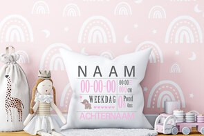 Gepersonaliseerde Geboorte Kussensloop - Wit met Roze} Gepersonaliseerde Geboorte Kussensloop - Wit met Roze