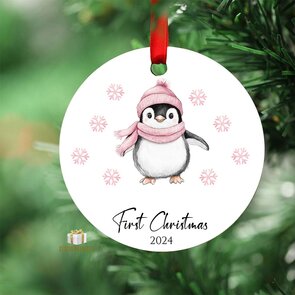 First Christmas 2024 Roze Pinguïn - Rond MDF Kerstornament