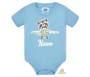 Single Jersey Baby Romper Sky met Opdruk Wasbeer in Vliegtuig 